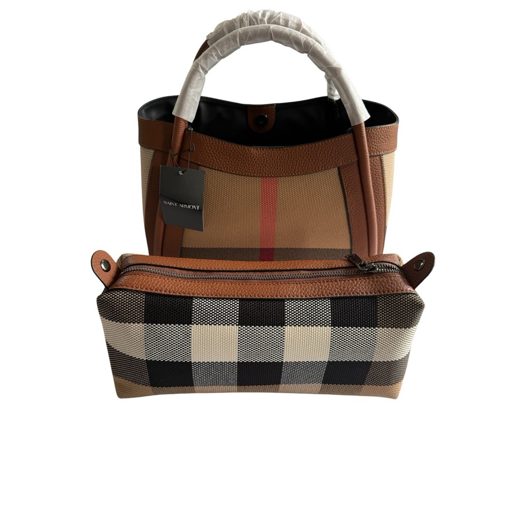 New Saint Armont Beige Brown Plaid Handbag/shoulderbag - Picture 4 of 11